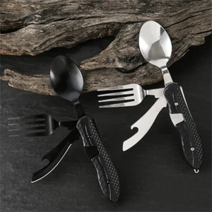 4 In 1 Outdoor Camping Travel Folding Utensils Spoon Fork Knife Bottle Opener - Bild 1 von 14