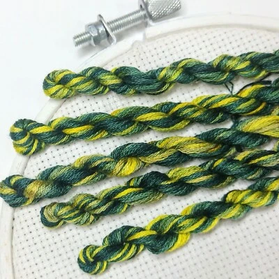 Hand Dyed Six Strand Embroidery Thread, Green and Yellow, 100% Cotton Floss - Image 1 of 3
