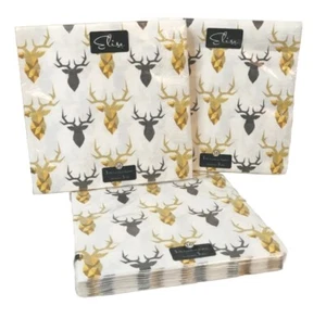 Elise 3-ply Luncheon Napkins Paper 16 Ct (LOT of 3) 6.5x6.5" Gold Black Reindeer - Picture 1 of 7
