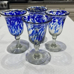 Mexikanischer mundgeblasener Stielkelch Weinglas Konfetti blau 4er Set Vintage - Bild 1 von 11