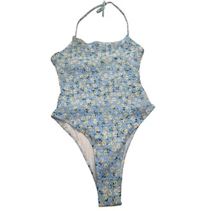 Floral Smocked One Piece Swimsuit High Cut Leg Halter Neckline Blue Size M 560 - Picture 1 of 10