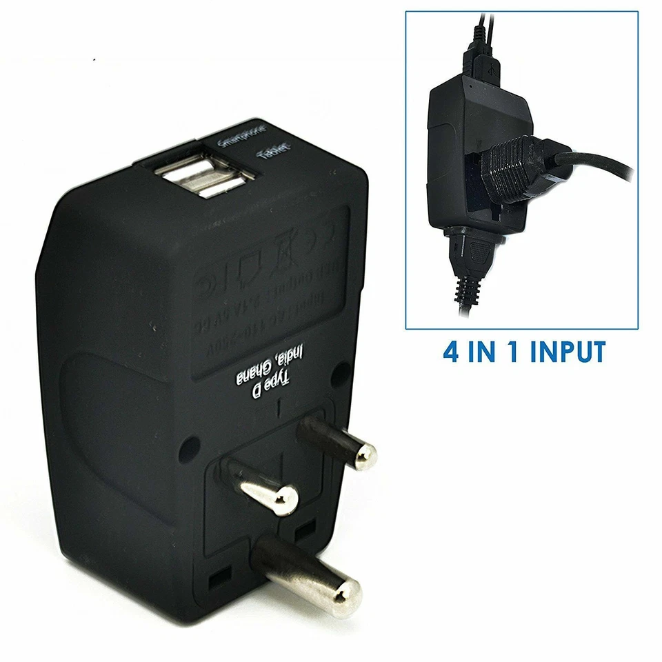 Ceptics Universal to India Travel Adapter Plug - Type D - 4 in 1 - 2 USB(GP4-10) - Image 1 of 1