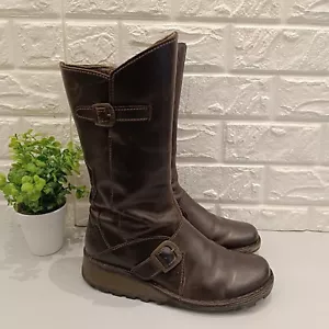 Womens Fly London Brown MES 2 Boots Wedge Heel Buckle Mid-Calf Leather Zip 5 UK - Picture 1 of 18