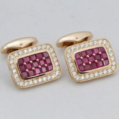 2.2Ct Princess Lab Created Ruby & Diamond Men's Cufflinks 14K Yellow Gold Plated - Image 1 of 4