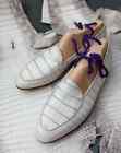 Men Handmade White Leather Crocodile Pattern Slip In Wedding Loafer Casual Shoes