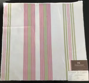 CLARKE & CLARKE Lulu Stripe in Pink, Green 16 1/2 x 17" Cotton Fabric Sample - Picture 1 of 3
