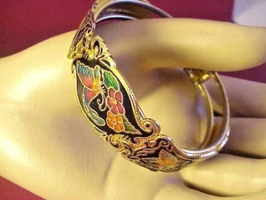Vintage Cloisonne Klapp Armreif Armband Schmetterling Blumen - Bild 1 von 9