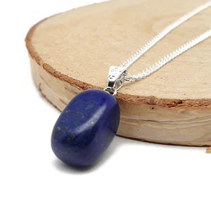 Lapis Lazuli Necklace Rectangular Blue Gemstone Nugget Pendant Silver Plated - Picture 1 of 20