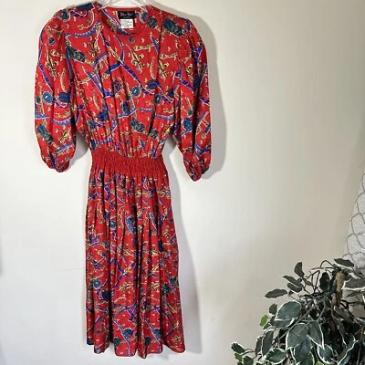 MAXI VESTIDO DE COLECCIÓN AÑOS 70 80 DIANE FREIS GEORGETTE CINTURA AJUSTADA SEDA ROJO PLISADO Foto 1 de 4