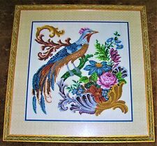 Vintage Handmade Beautiful Needlework Art Tapestry of Bird and Flowers