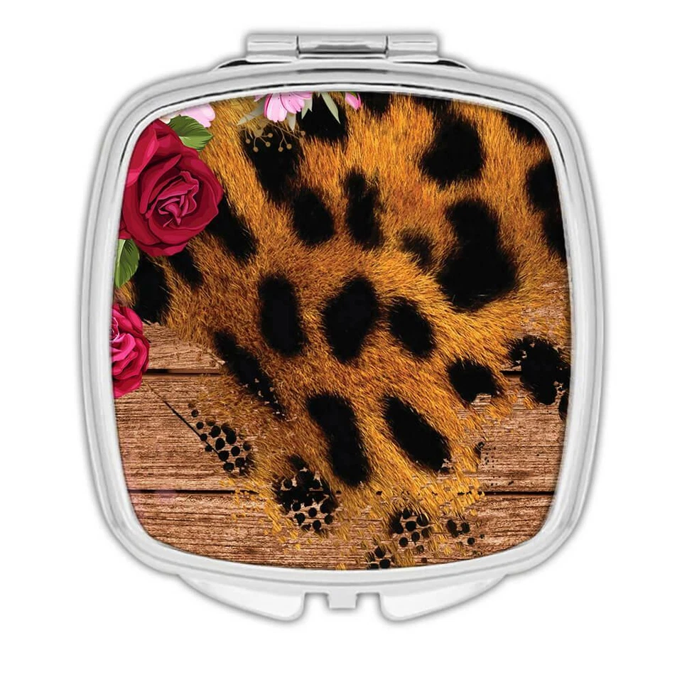 Gift Compact Mirror : Animal Print Feline Flower Rose Personalized Name Initial - Image 1 of 1
