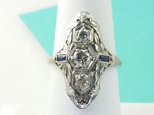 Viktorianischer Ring 18 Karat Weißgold 3 Steine oval 0,85 Karat Diamant Saphir Größe 6 3/4 - Bild 1 von 8