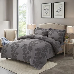 Duvet Cover Set, Dark Grey Leaf Embossed Doona Cover Set - Modern Mi - Picture 1 of 6