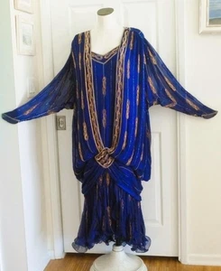 Judith Ann Spectacular vtg 80s Beaded Silk 20s Gatsby Layered Batwing Gown XL 1X - Picture 1 of 24