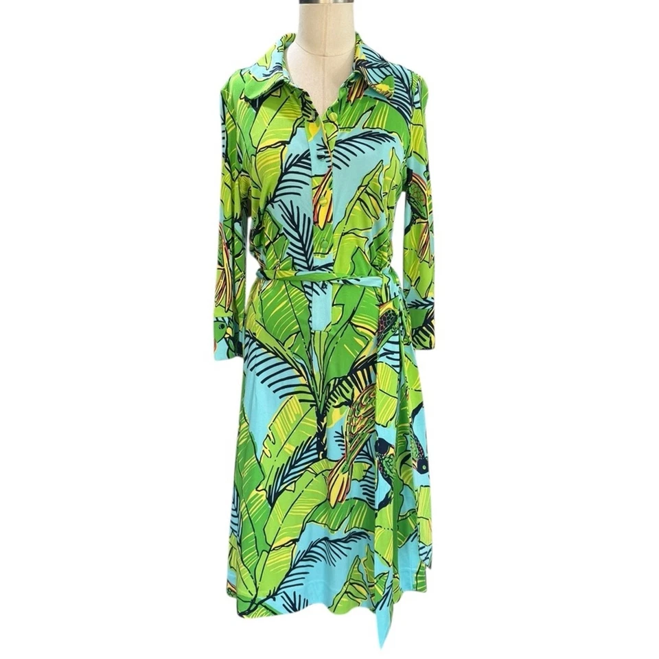 LILLY PULITZER 100% Silk Palm and Parrot 3/4 Sleeve Tie Front shirt dress Size 8 - Image 1 of 4