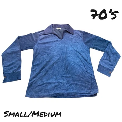 Camisa de terciopelo vintage años 70 manga larga para hombre talla PEQUEÑA azul cuello retro discoteca Foto 1 de 4