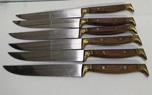 Vintage Steak Knife Set 6 Made For Saks Fifth Ave France Stainless, Wood Handle - Picture 1 of 5