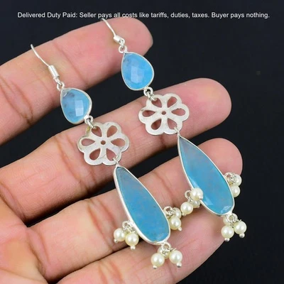 Venta Año Nuevo Plata Esterlina Aguamarina Piedras Preciosas Gancho Pendientes Colgantes Joyería Foto 1 de 4