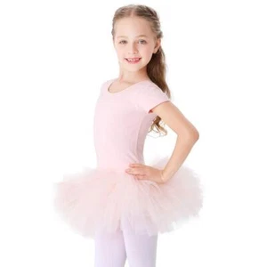 Girls Cotton Ballet Dance Dress Cute Tutu Skirted Leotard Short Sleeve Pink S... - Picture 1 of 9