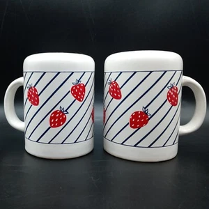 VTG 80's Strawberries Salt Pepper Shakers White w Navy Pinstripe Large Handled - Picture 1 of 12