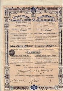 Reino de Serbia / Yugoslavia Belgrado - Banco Hipotecario Bono de Oro 500 FR 1910 unc - Imagen 1 de 1