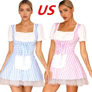 Women Miss Muffet Fairytale Apron Plaid Maid Fancy Dress Up Halloween AU - Picture 1 of 29