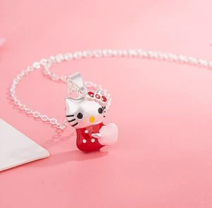 Silver 3D Red Bow Love Pink Heart Hello Kitty Cat Kitten Pendant Chain Necklace - Picture 1 of 3