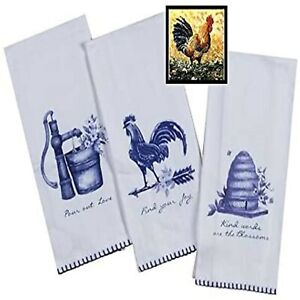 3 Farmhouse & Roosters Blue & White Toile Krinkle Flour Sack  Kitchen Towels