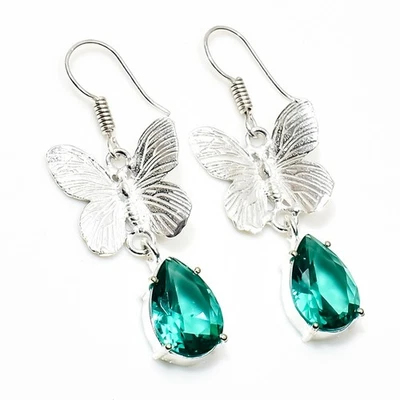 925 Sterling Silver Green Tourmaline Gemstone Handmade Jewelry Earring Size-1.8" - Image 1 of 4