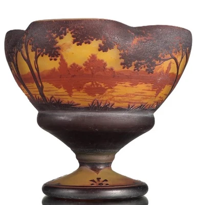 Daum Nancy Grande Coupe " Paysage Lacustre" Vase Pâte de Verre Gravé Art Nouveau - Photo 1/4