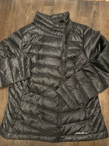 Chaqueta acolchada EDDIE BAUER cremallera completa cuello falso negra aislada para mujer Pm - Imagen 1 de 7