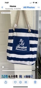 Boston Massachusetes Tote Bag Blue & White Stripe with Anchor - Picture 1 of 6