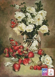 Still Life & White Roses DIGITAL DOWNLOAD Counted Cross Stitch Pattern PDF Saga - Picture 1 of 7