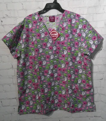 Womens Light Gray Halloween Divine Curves short sleeve Medical Top Plus Size 1X - Image 1 of 4