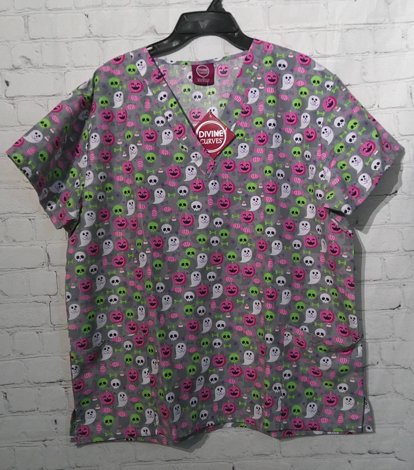 Womens Light Gray Halloween Divine Curves short sleeve Medical Top Plus Size 1X - Image 1 of 4