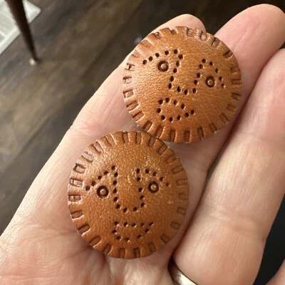Unique Leather Pierced Earrings With Smiling Face - Image 1 of 4