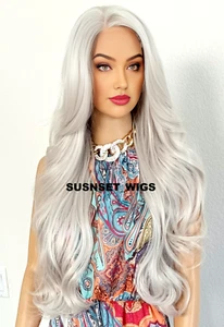 34" LACE FRONT WIG LONG WAVY LAYERED SILVER WHITE HEAT OK - Picture 1 of 4