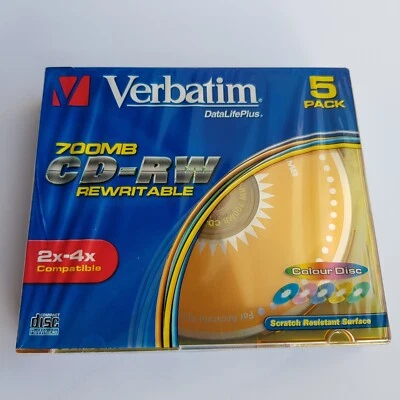Verbatim CD RW Colour blank discs 2-4x Rewriteable 700MB sealed 5-pack NEW - Image 1 of 4
