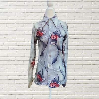 Vintage 70s Cherry Blossom Novelty Print Blouse Dagger Collar Disco Button Up S Foto 1 de 4