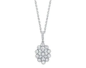 14K White Gold Baguette Round Cut Diamond Oval Shape Pendant Necklace Natural - Picture 1 of 4