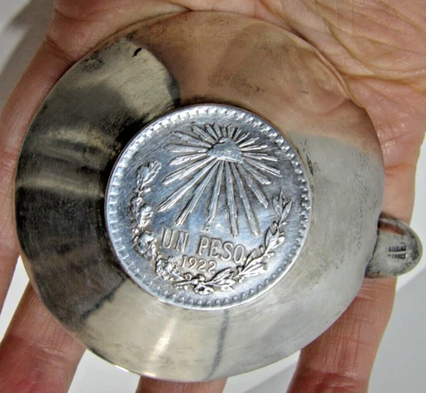 1922 Eagle Cap Rays Un Peso Coin Sterling Silver Ashtray Mexico 36 Grams 3" Cover