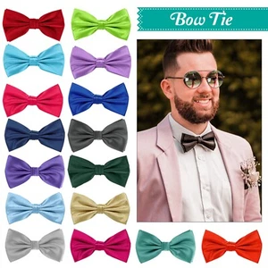 Mens Satin Bow Tie Pre Tied Party Wedding Adjustable PreTied Plain Neck Bowties - Picture 1 of 29