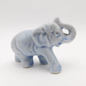 Vintage Trunk Up Lucky Blue Ceramic Miniature Elephant Made in Japan - Picture 1 of 12