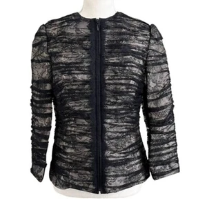 JS COLLECTION NUDE BLACK OPEN PLEATED LACE OVERLAY ZIP UP FORMAL JACKET - 6 - Picture 1 of 12