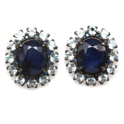 925 Sterlingsilber 8 x 10 Mm. Blauer Saphir & Himmelblau Topas Ohrringe - Bild 1 von 4