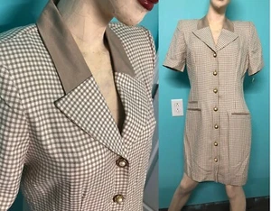 NWT~Vtg 90s DANNY&NICOLE Taupe/White Gingham Plaid Button Down Business Dress~10 - Picture 1 of 13