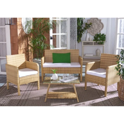 SAFAVIEH Colección Exterior Aboka Juego de Patio 4 Piezas | Natural/Blanco | Foto 1 de 4