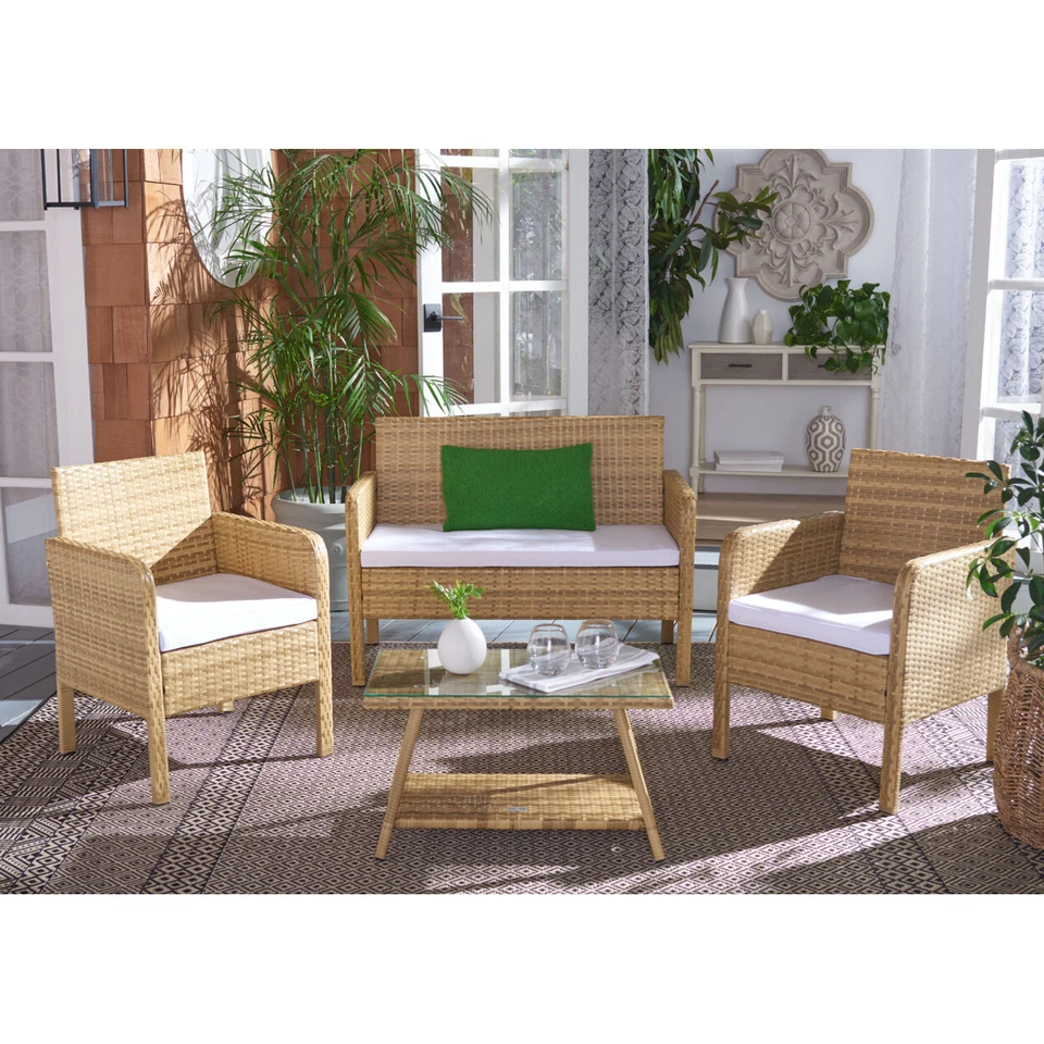 SAFAVIEH Colección Exterior Aboka Juego de Patio 4 Piezas | Natural/Blanco | Foto 1 de 4