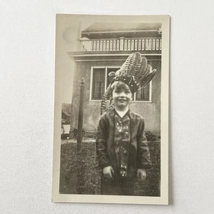 Vintage B&W Snapshot Photograph Adorable Little Boy In Native American Attire - Picture 1 of 8