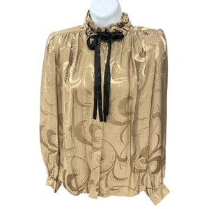 Vintage Silk Blouse Ruffle Collar Tie Neck Champagne Gold Pattern Size 4 - Picture 1 of 9
